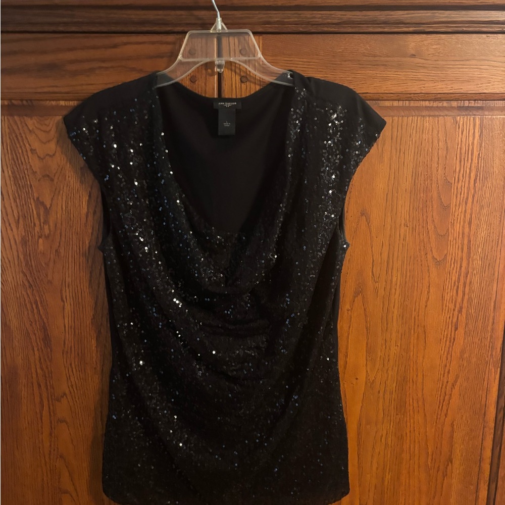 Ann Taylor Black Sequin Cowl Neck Cap Sleeve Top